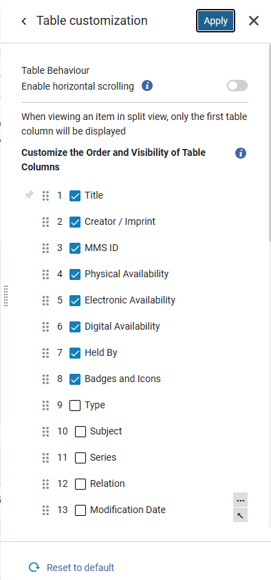 The table customization page.